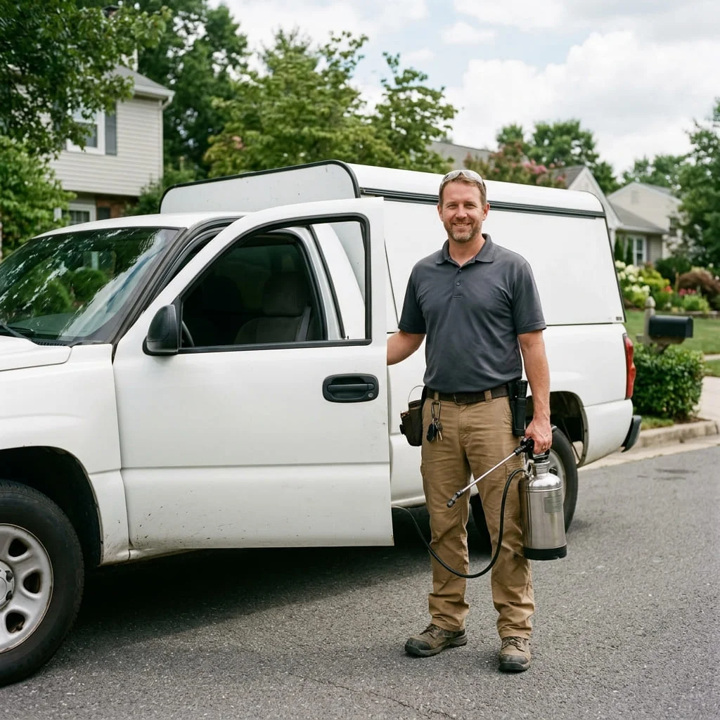 A pest control technician standing beside a service van in a Washington neighbourhood