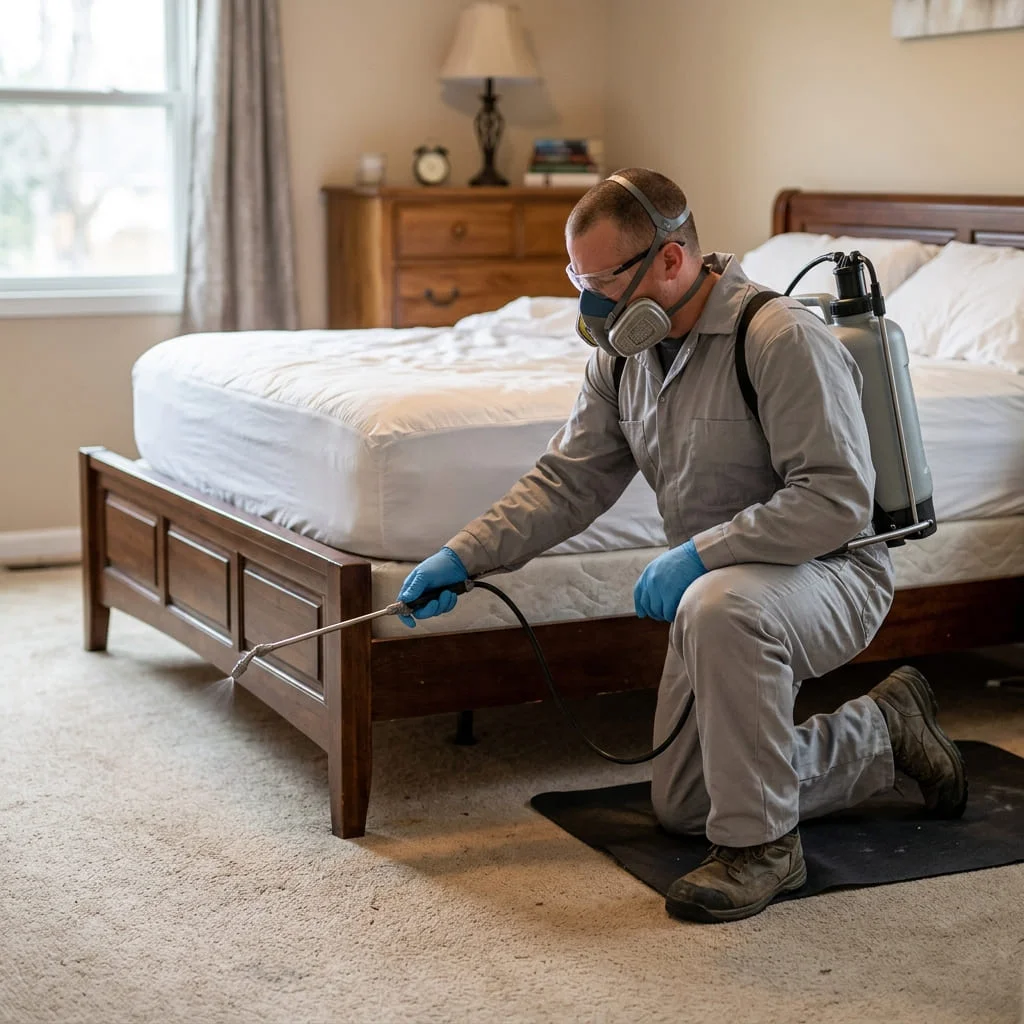 A technician in a respirator treating the frame of a stripped bed