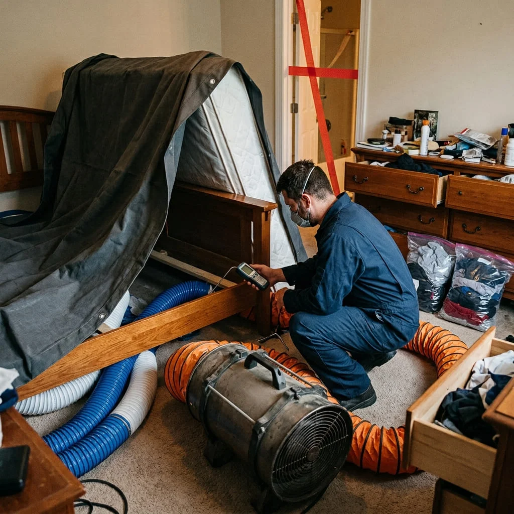 A technician setting up heat ducting and a blower beside a containment barrier in a bedroom