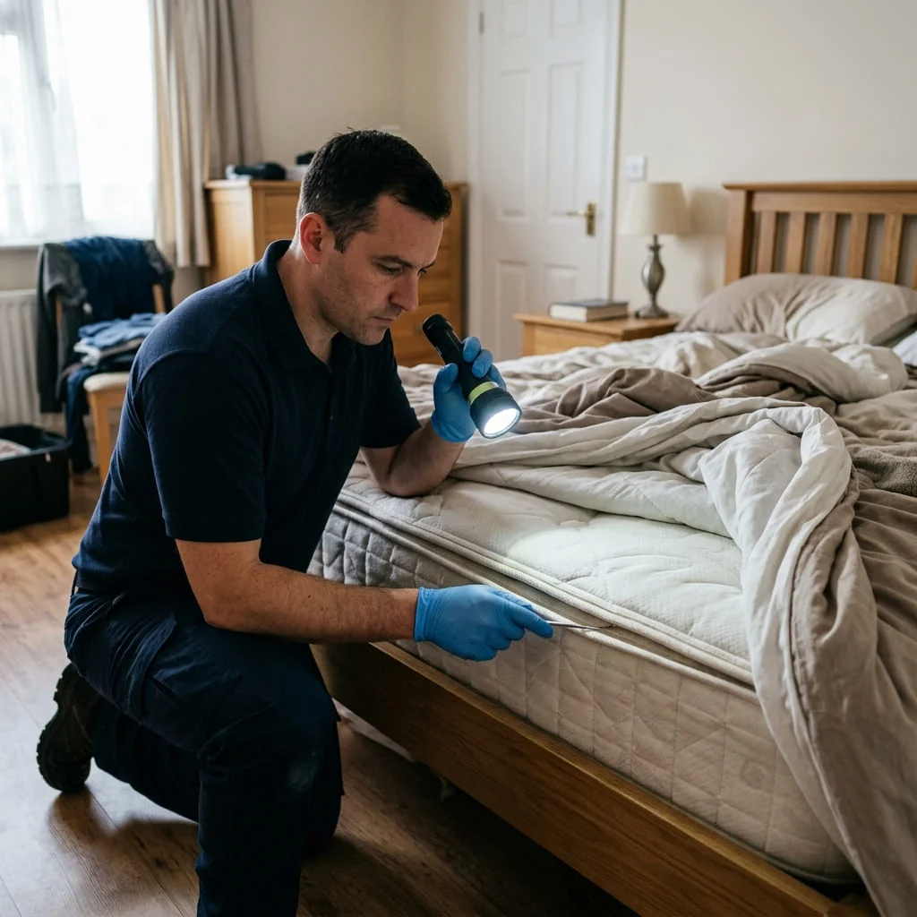 A technician checking a mattress seam with a torch during an inspection