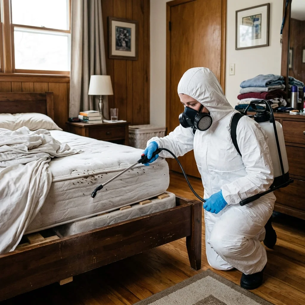 A technician in protective coveralls and a respirator treating a stripped bed frame