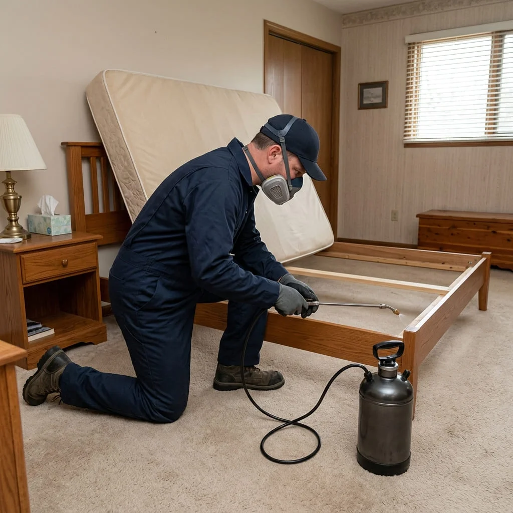 A technician lifting a mattress to check the frame in an apartment bedroom