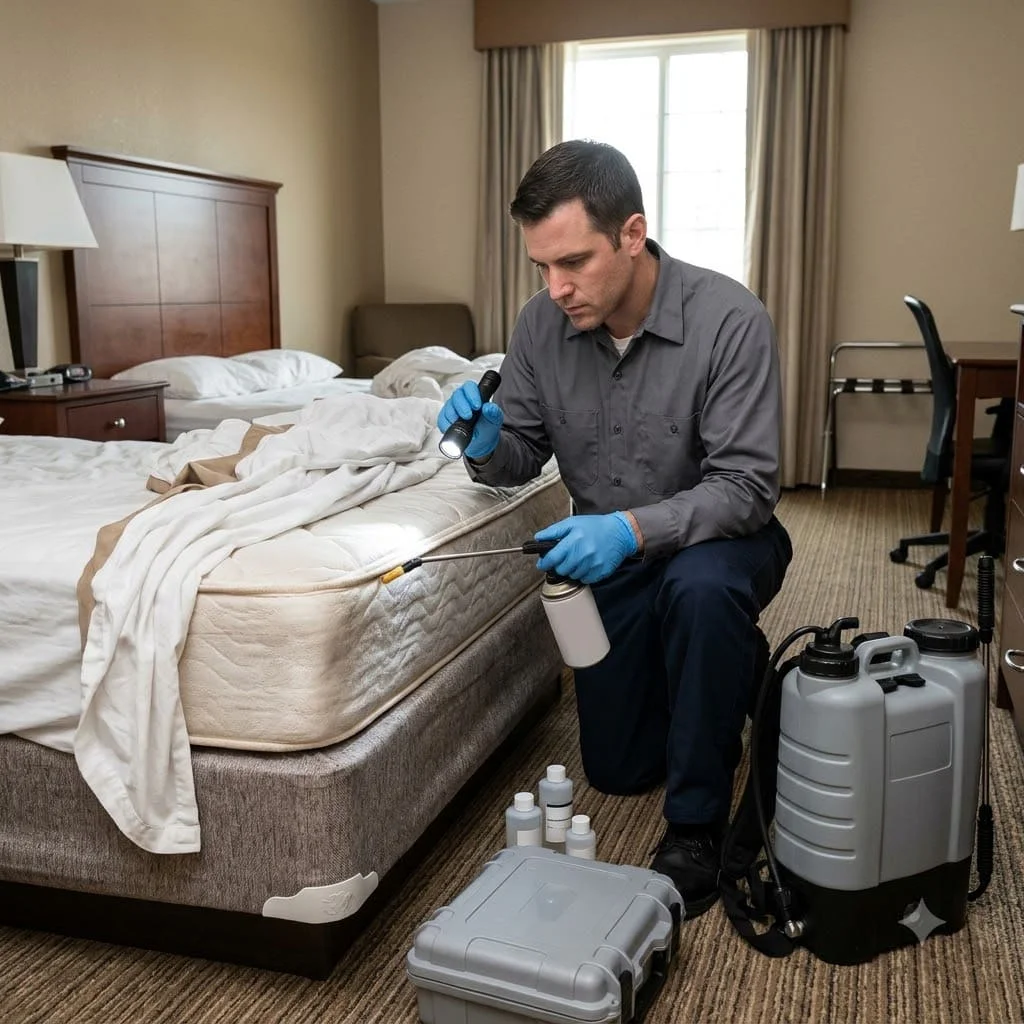 A pest control technician checking the mattress seams of a stripped guest room bed with a torch