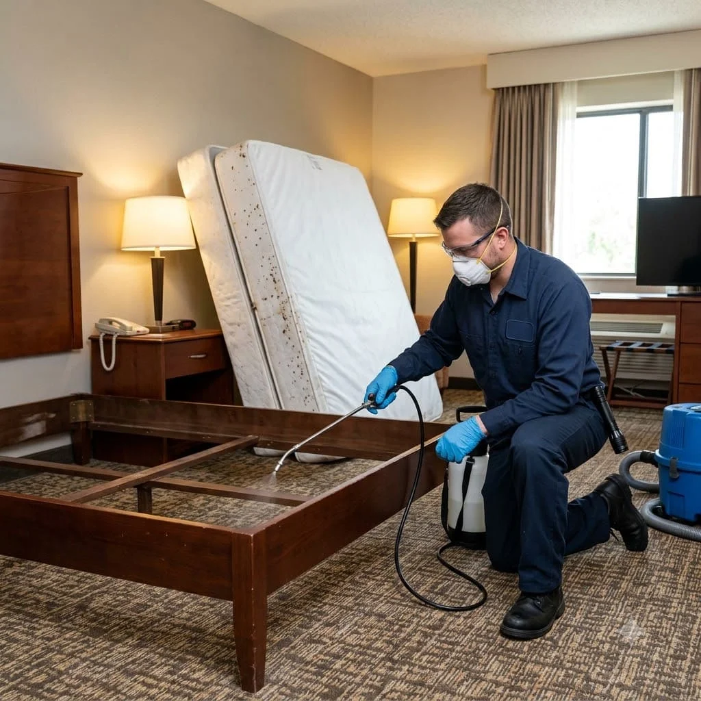 A pest control technician spraying a stripped wooden bed frame with the mattress lifted clear against the wall