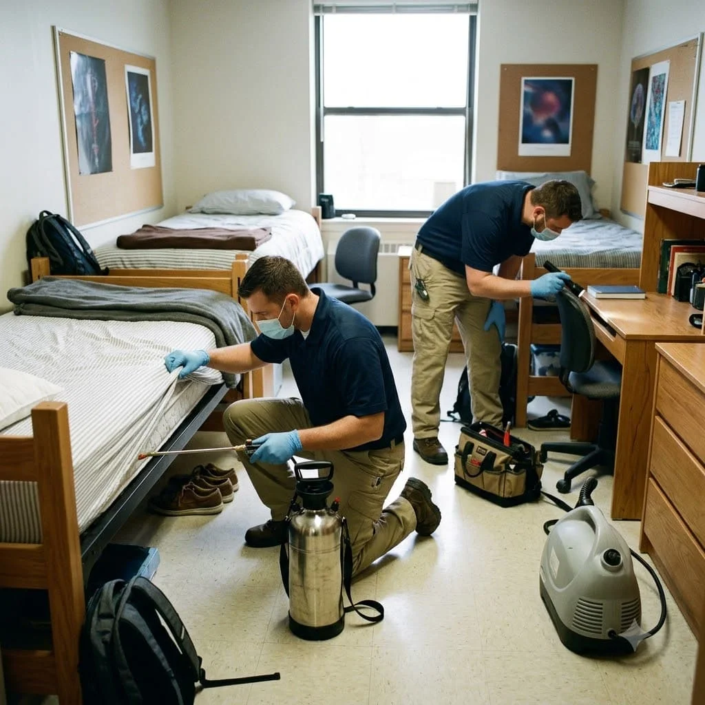 Two pest control technicians inspecting and treating the beds in a shared university dormitory room