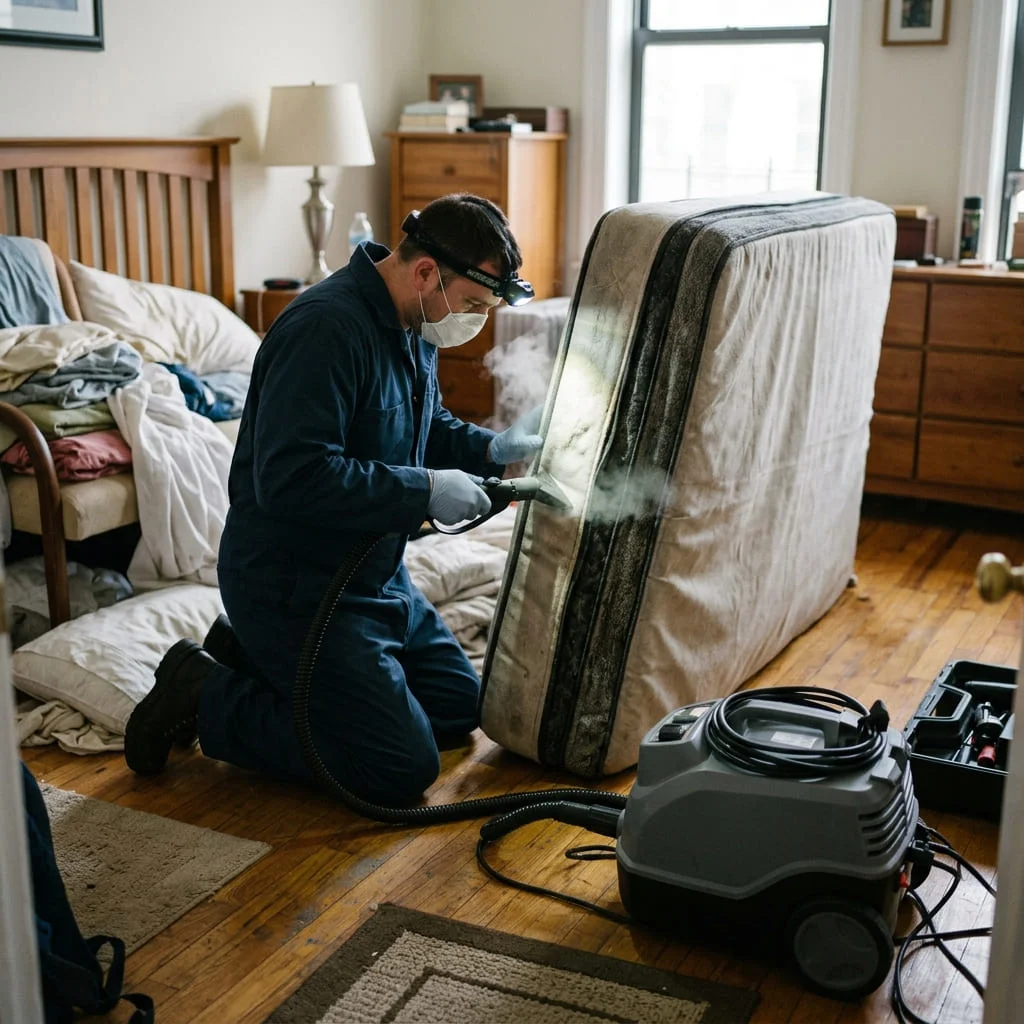 A technician steam-treating a mattress in a guest room