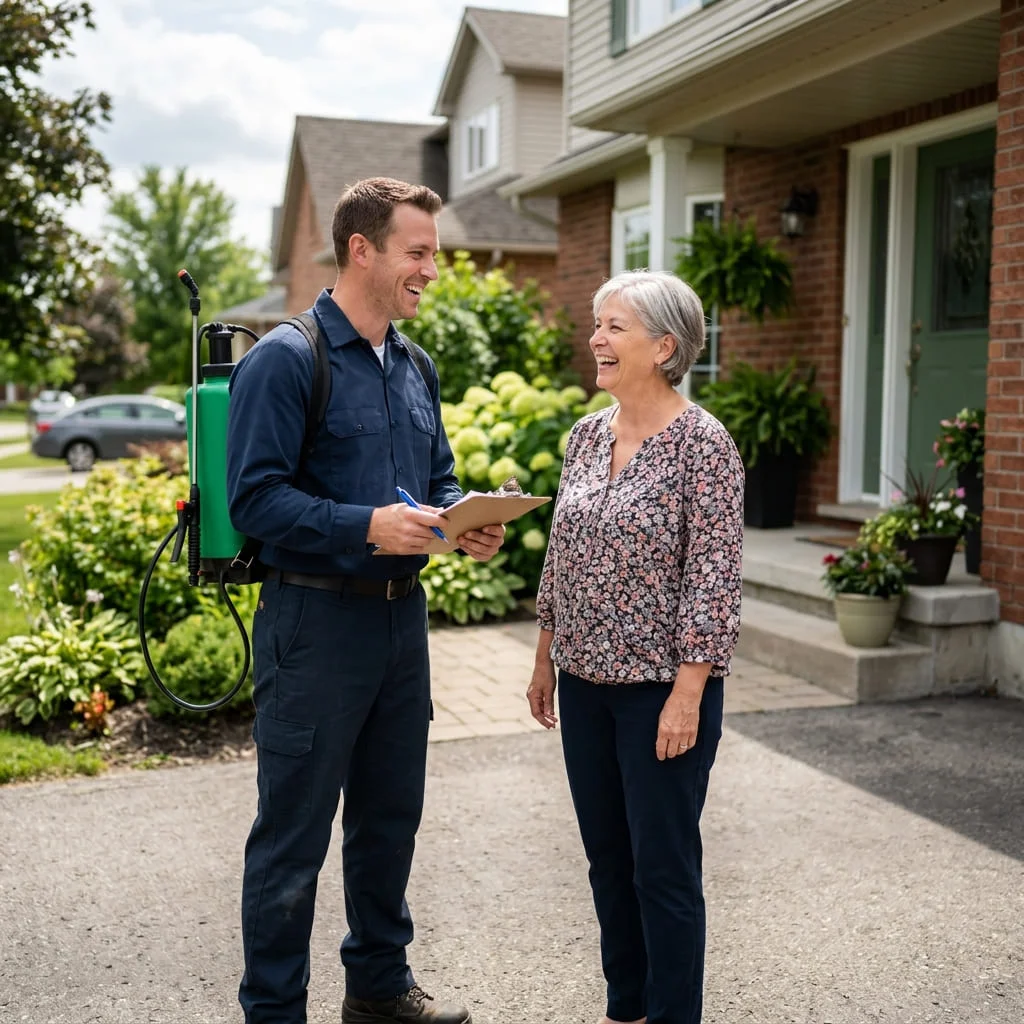 A pest control technician with a sprayer talking with a homeowner outside her house