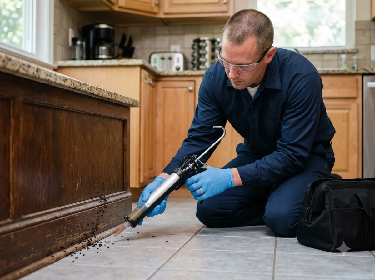 A line of small dark ants following the seam where a worktop meets the wall