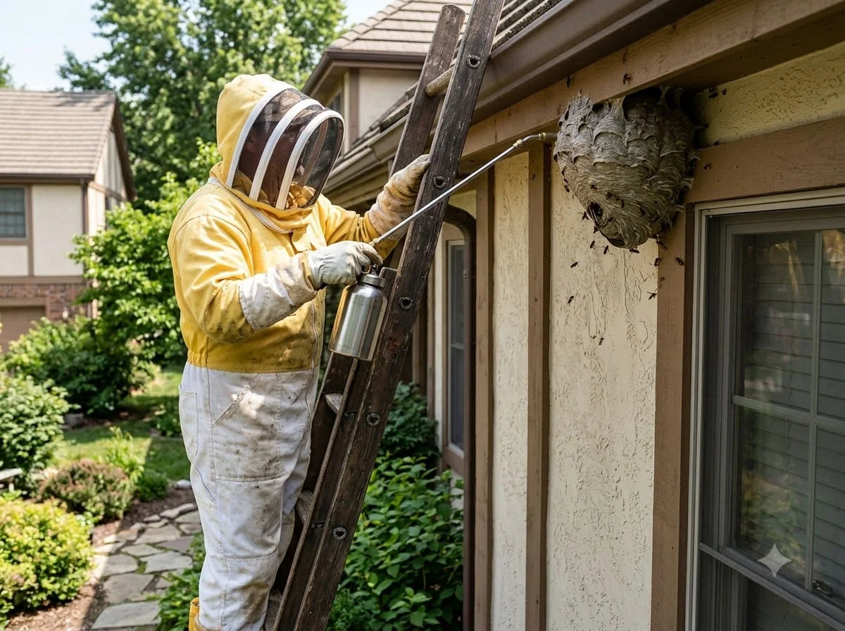 A grey papery wasp nest attached beneath the eave of a building