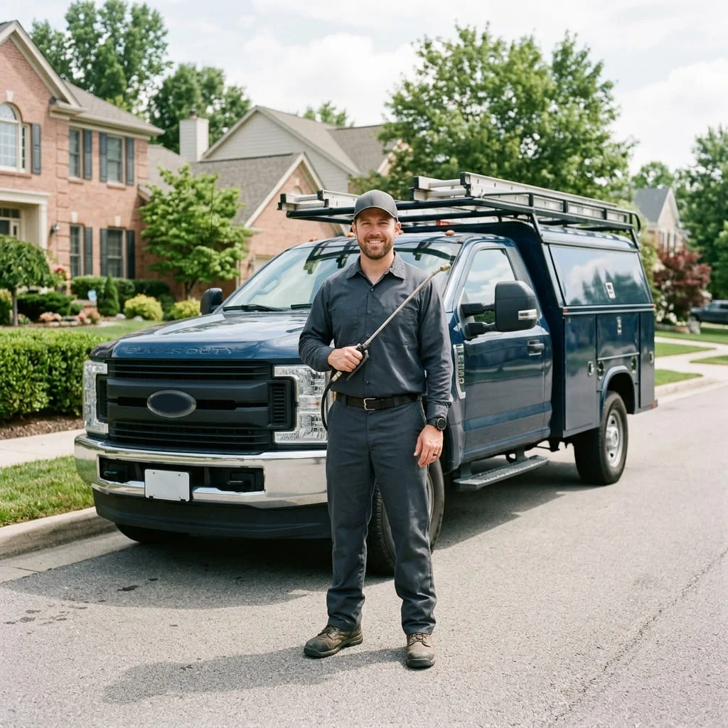 A pest control technician standing beside a service vehicle in a Washington neighbourhood